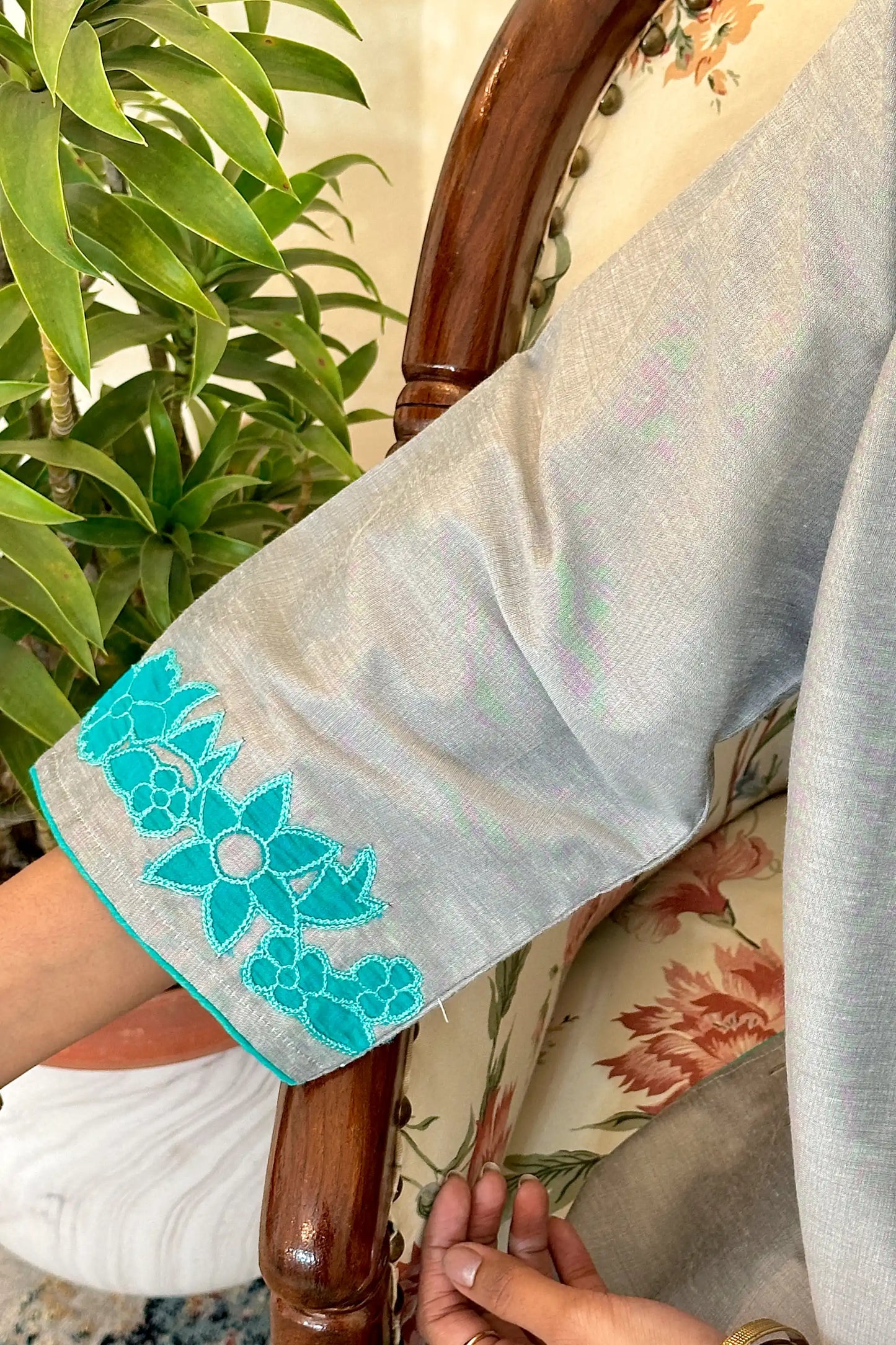 Grey Staple Tussar Patchwork Kurta Set Formal Wear with Green Dupatta