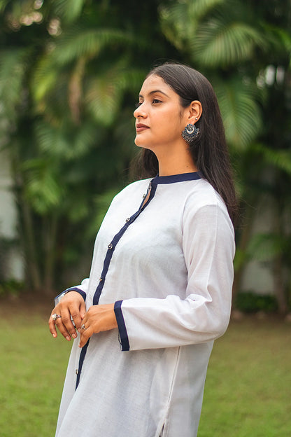 White chanderi patchwork kurta and dupatta with navy blue trousers