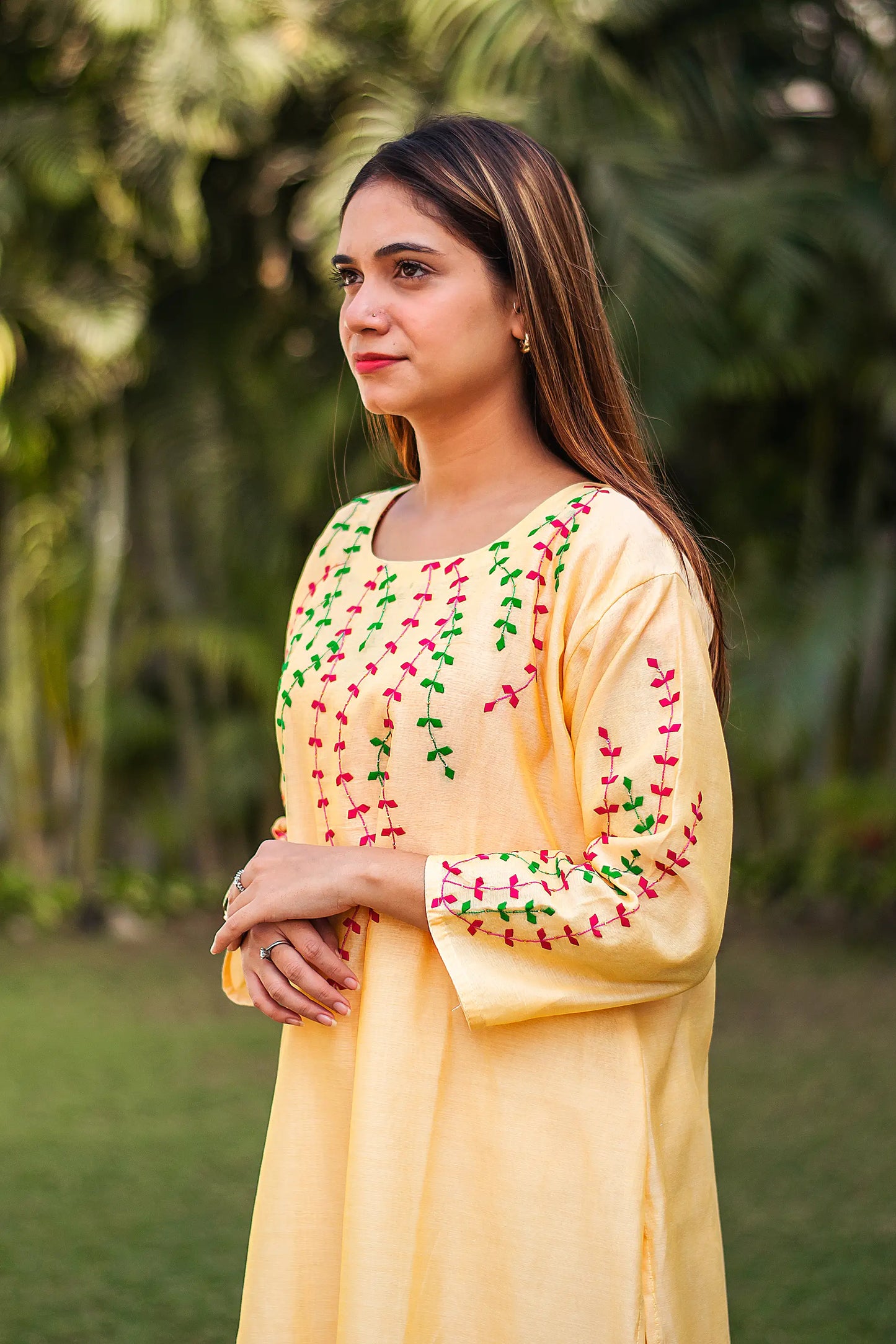 multicoloured applique work yellow chanderi kurta and dupatta with yellow trousers