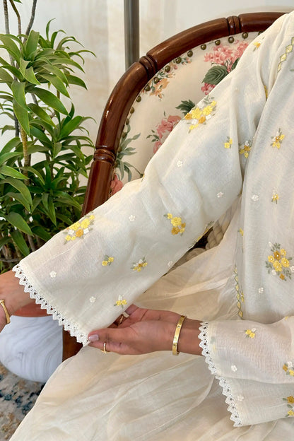 Off White Chanderi Formal wear  Kurta Set with Handworked Floral Motifs