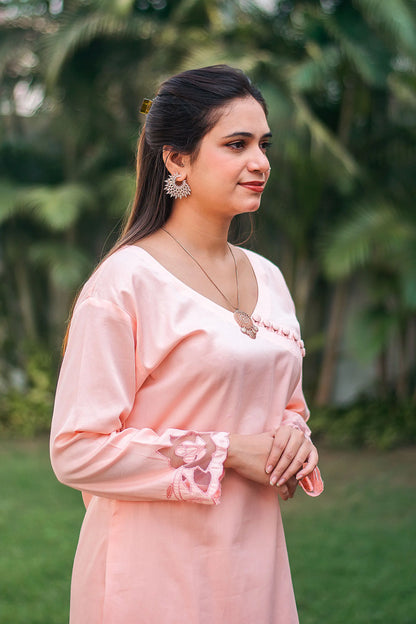 Pastel peach russian silk kurta & trousers, peach chanderi dupatta with cutwork