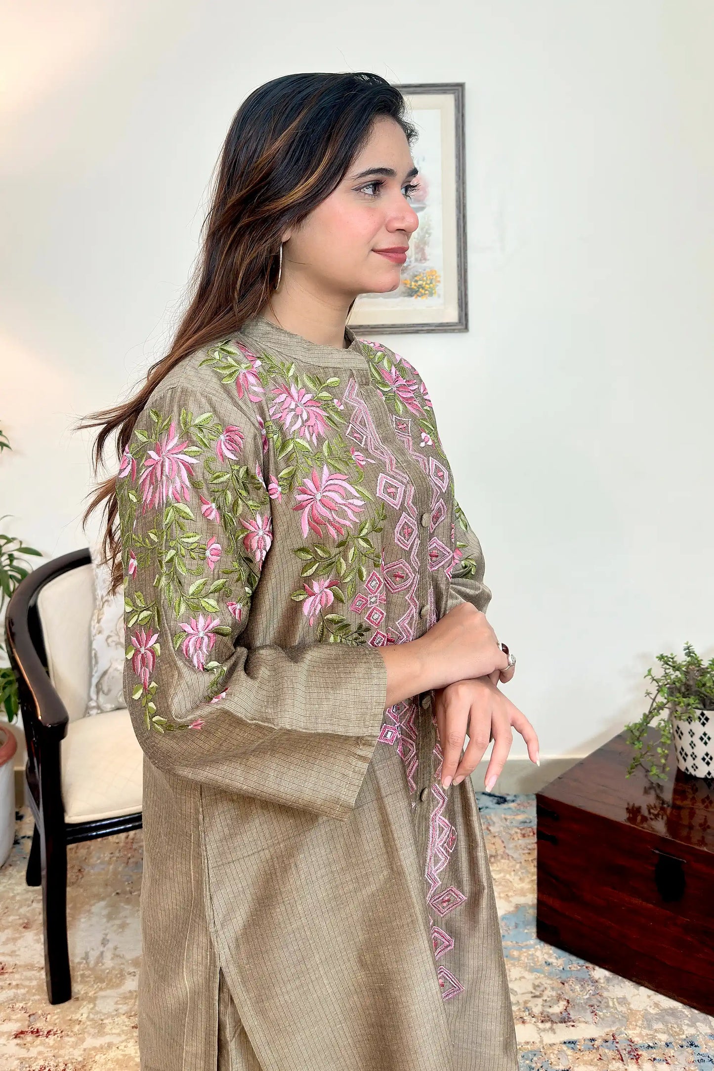 Taupe Chanderi Formal Wear Kurta Set with Resham Embroidery