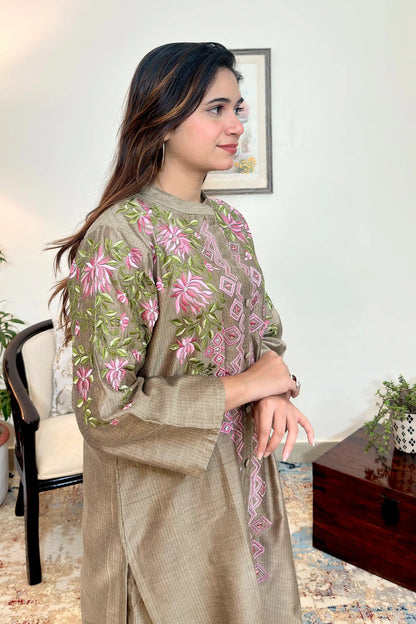 Taupe Chanderi Formal Wear Kurta Set with Resham Embroidery
