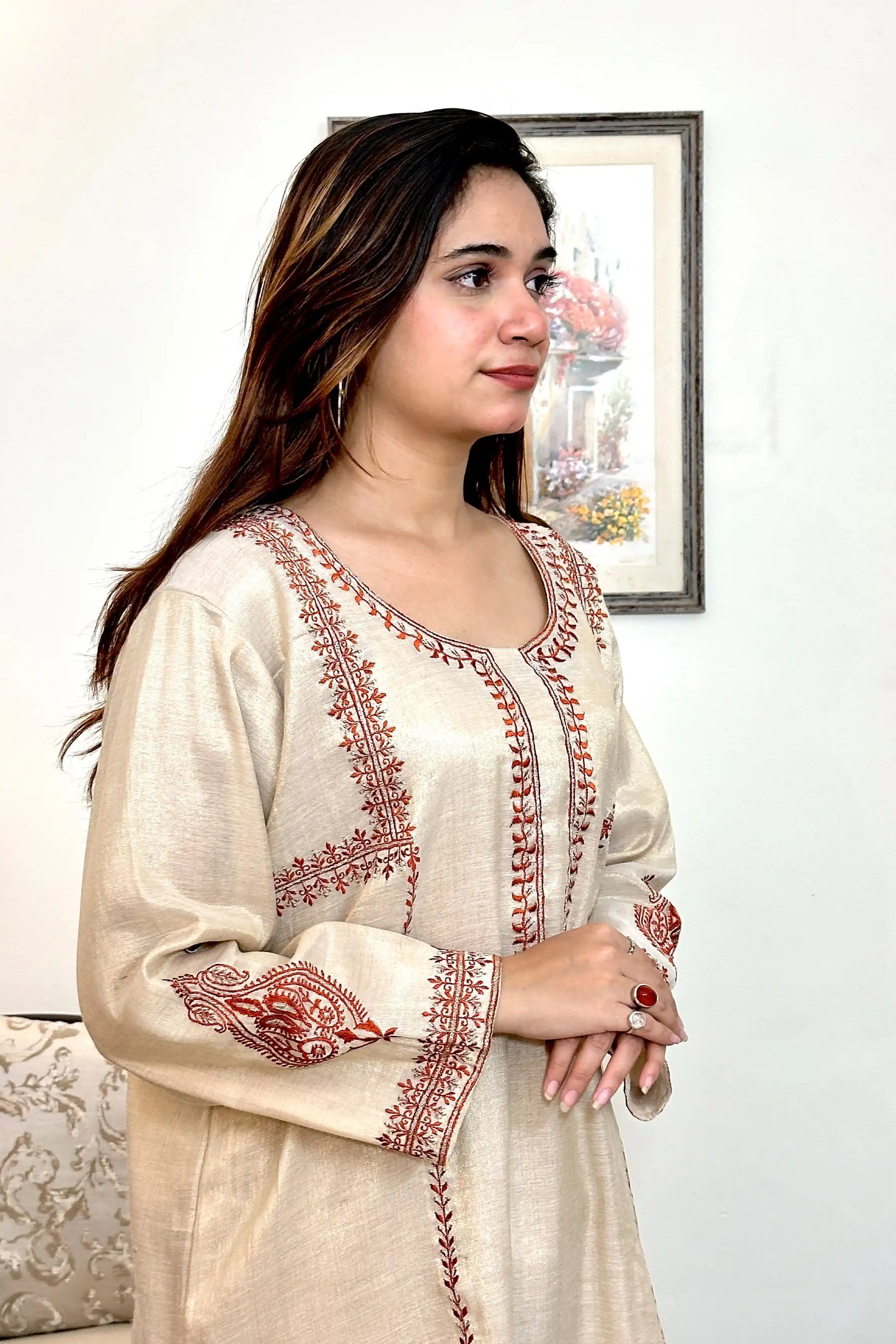 Golden Chanderi Formal Wear Kurta Set with Resham Embroidery