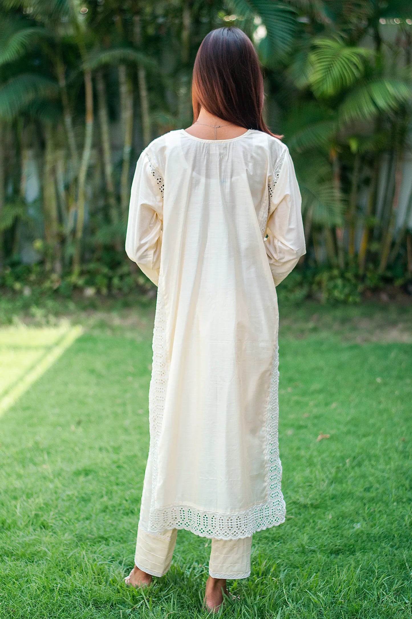 Off white cotton silk pintuck kurta, trousers and dupatta with schiffli work