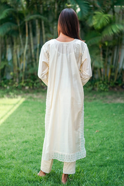 Off white cotton silk pintuck kurta, trousers and dupatta with schiffli work