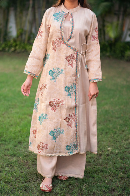 Beige angrakha kurta, palazzo and tissue dupatta with hand embroidery