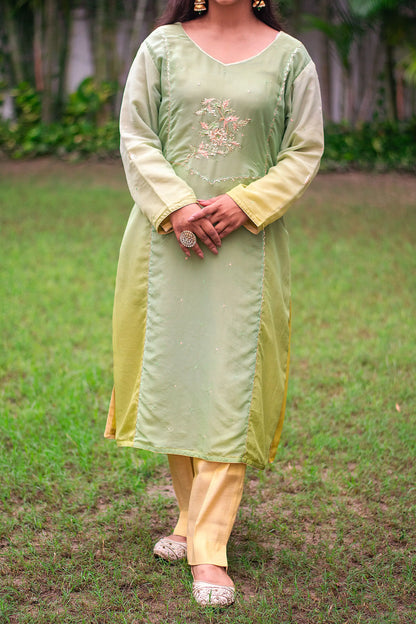 Green ombre organza kurta, green chiffon dupatta & golden trousers with zardozi work