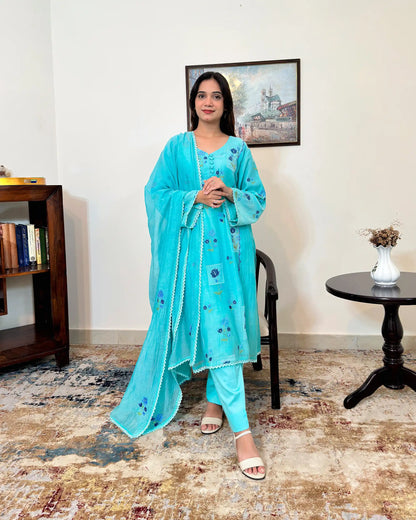 Front view of an aqua-blue chanderi kalidar kurta with dupatta on, featuring blue floral resham embroidery on both the kurta and dupatta, paired with aqua-blue trousers.