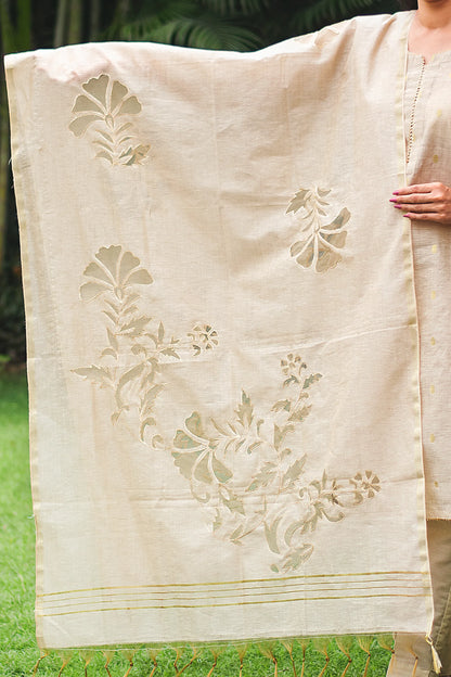 Beige double kali kurta with beige cutwork dupatta and beige trousers