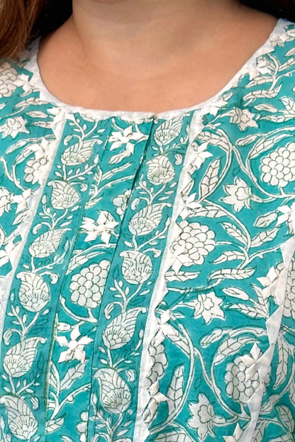 Close-up of the button placket on the turquoise-green kurta, showing the applique detail and white floral print.