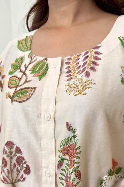 Close-up of the button placket on an off-white chanderi kurta with multicolour floral mughal print.