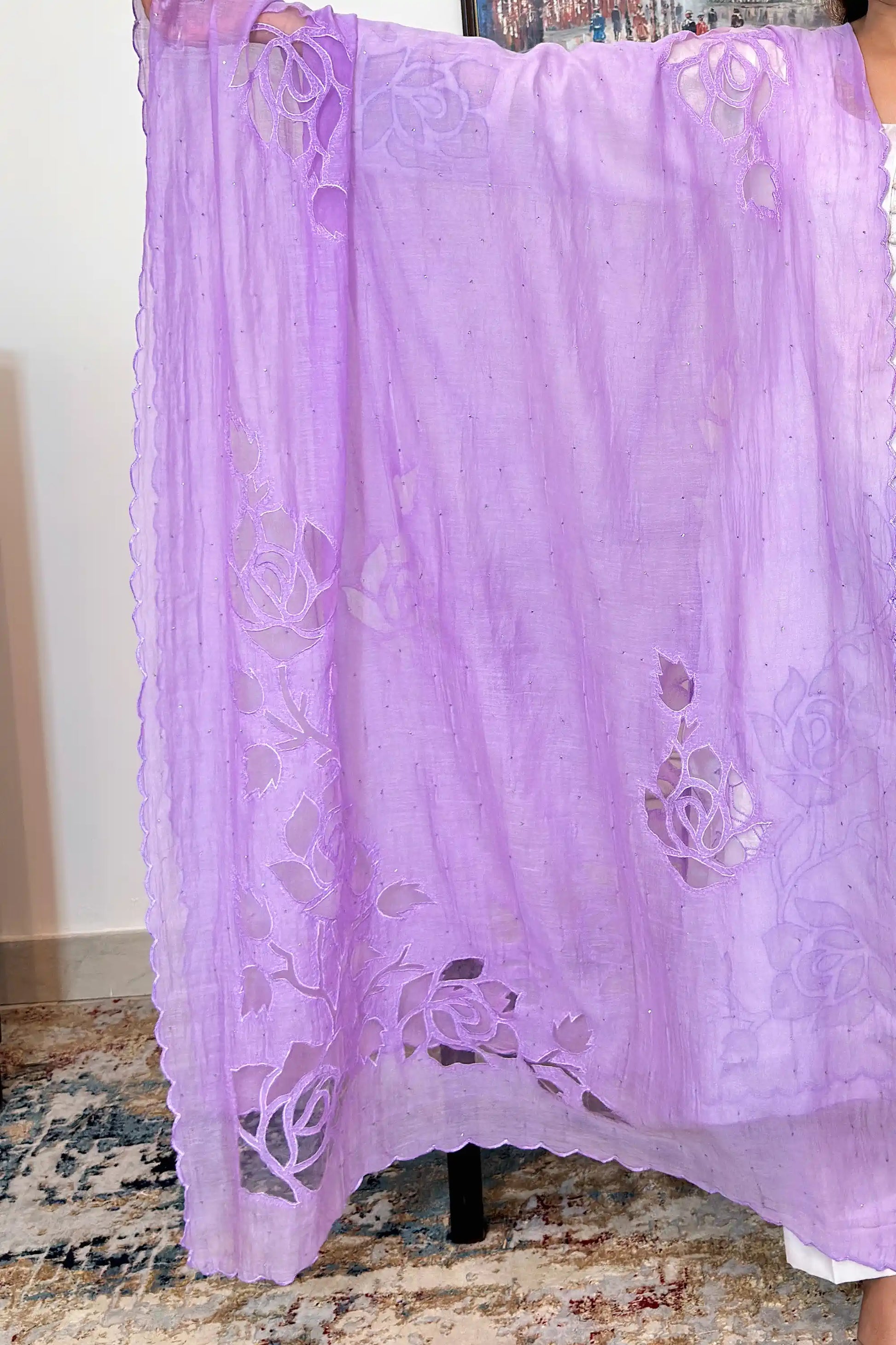Close-up of the purple chanderi dupatta showing floral cutwork embroidery along the border.