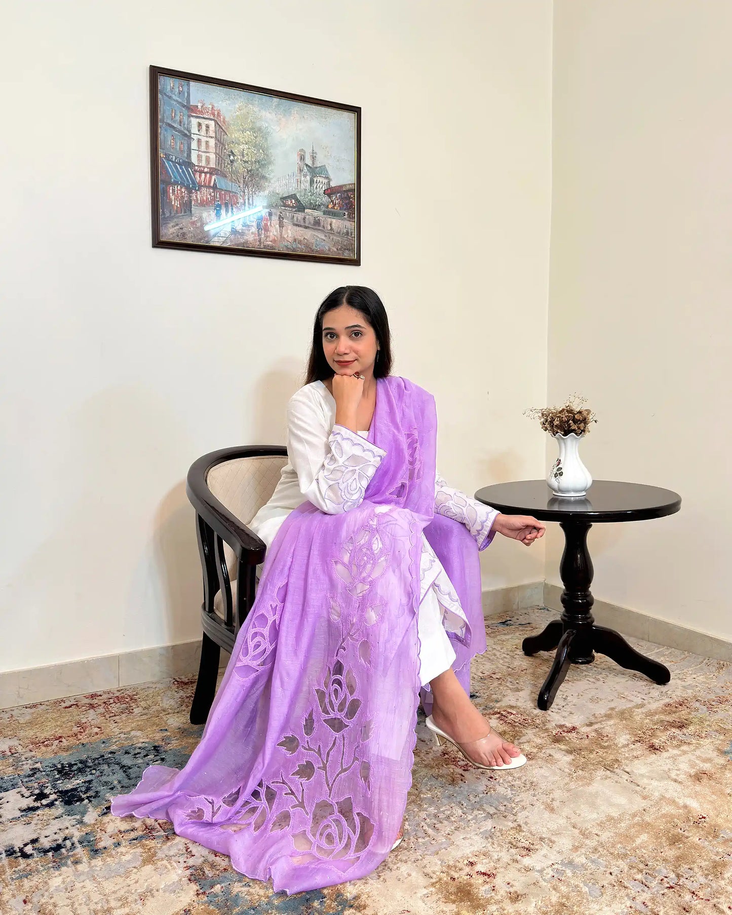 Front view of the off-white chanderi straight kurta with floral cutwork embroidery, paired with the purple chanderi dupatta with floral cutwork.