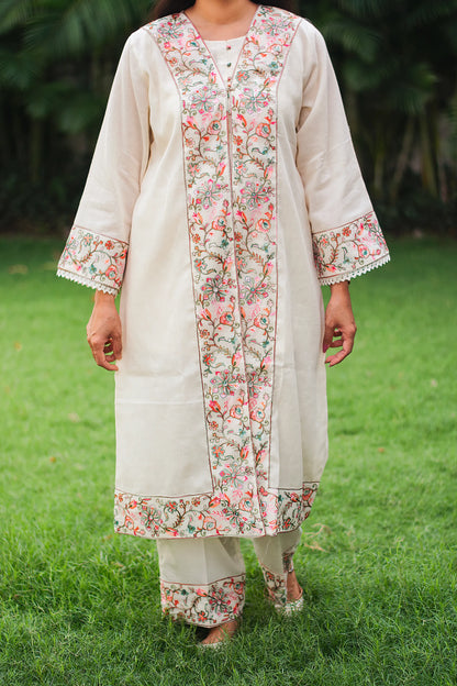 Off white front open cotton kurti ,Trousers and Dupatta with kashmiri embroidery