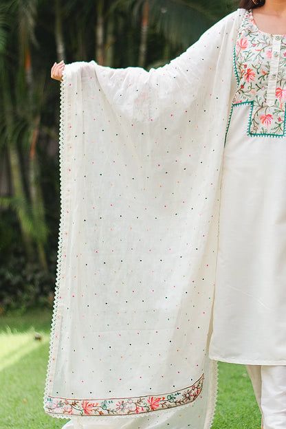 Indian model holding an off-white cotton dupatta with multicolored Kashmiri embroidery and lace detailing.