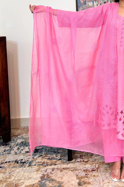 Close-up of the sheer pink supernet dupatta held open, showing scattered floral embroidery motifs across the fabric.