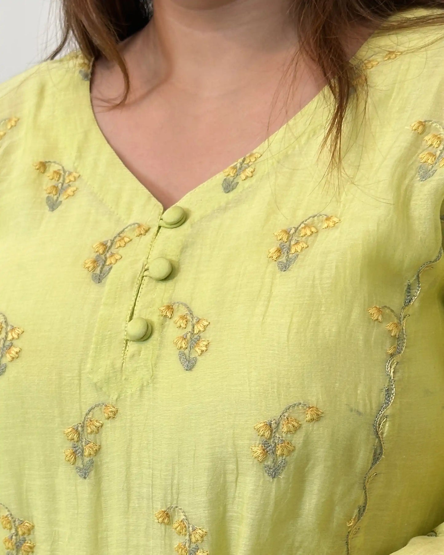 Close-up of the button placket on a lemon-yellow chanderi kurta, showing floral resham embroidery around the neckline area.