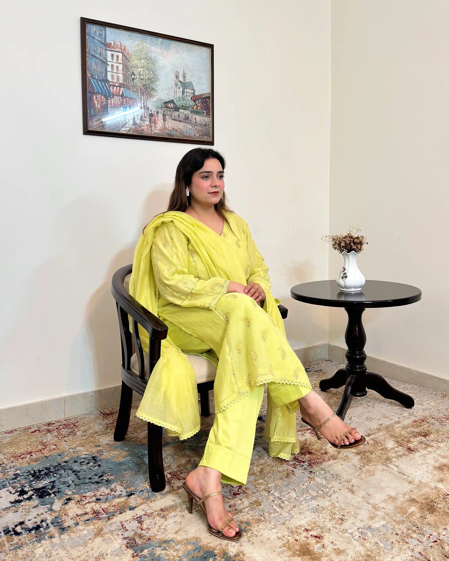 Front view of a lemon-yellow chanderi kalidar kurta with dupatta, showing floral resham embroidery on the kurta and dupatta with matching lemon-yellow trousers.