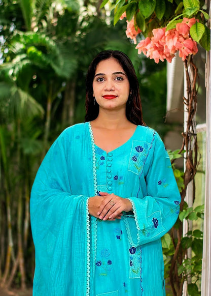 Aqua-blue chanderi kalidar kurta and dupatta with blue floral resham embroidery and aqua-blue trousers