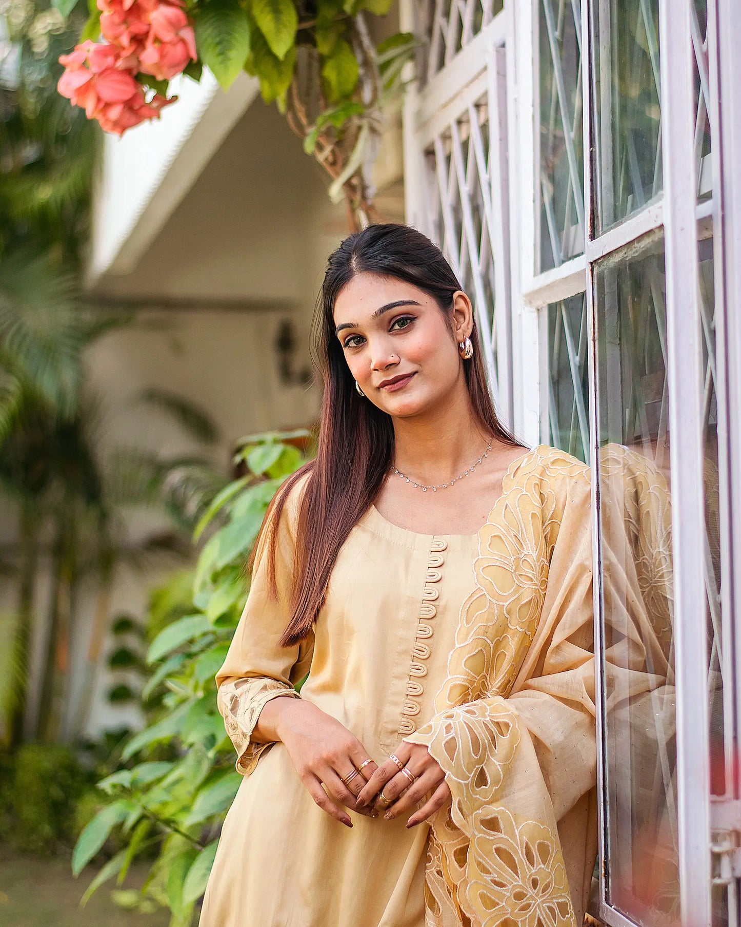 Golden russian silk kurta & trousers, golden chanderi dupatta with cutwork