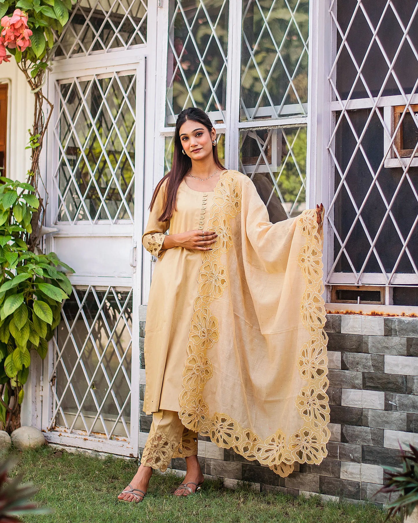 Golden russian silk kurta & trousers, golden chanderi dupatta with cutwork