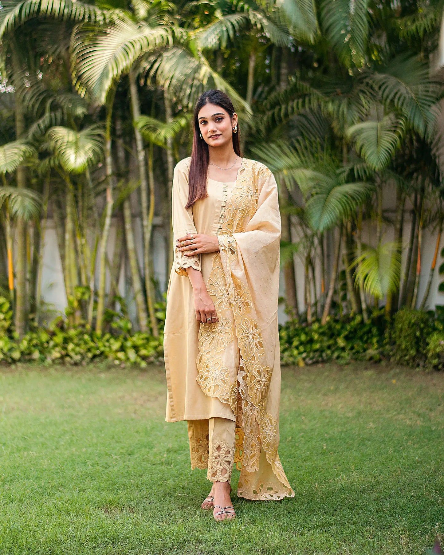 Golden russian silk kurta & trousers, golden chanderi dupatta with cutwork