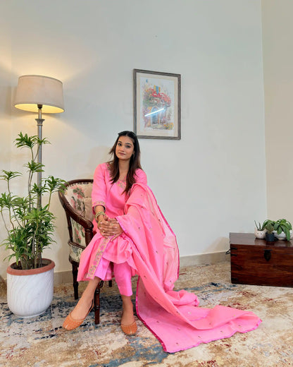 Pink Chanderi Resham Embroidered Angarkha Formal Wear Suit