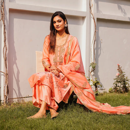 Peach chanderi zardozi work kurta and dupatta with peach palazzo