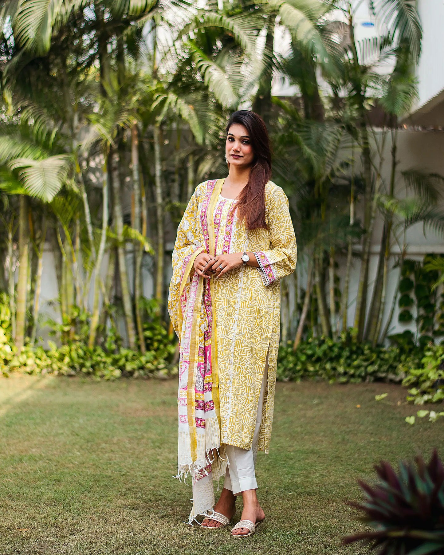 Pastel yellow printed linen kurta, dupatta & white trousers with applique work