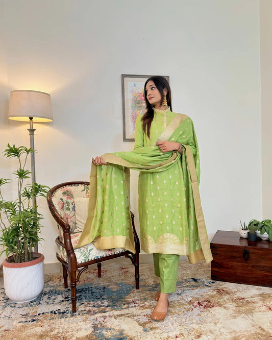 Green Zari Woven Linen Formal Wear Kurta Set