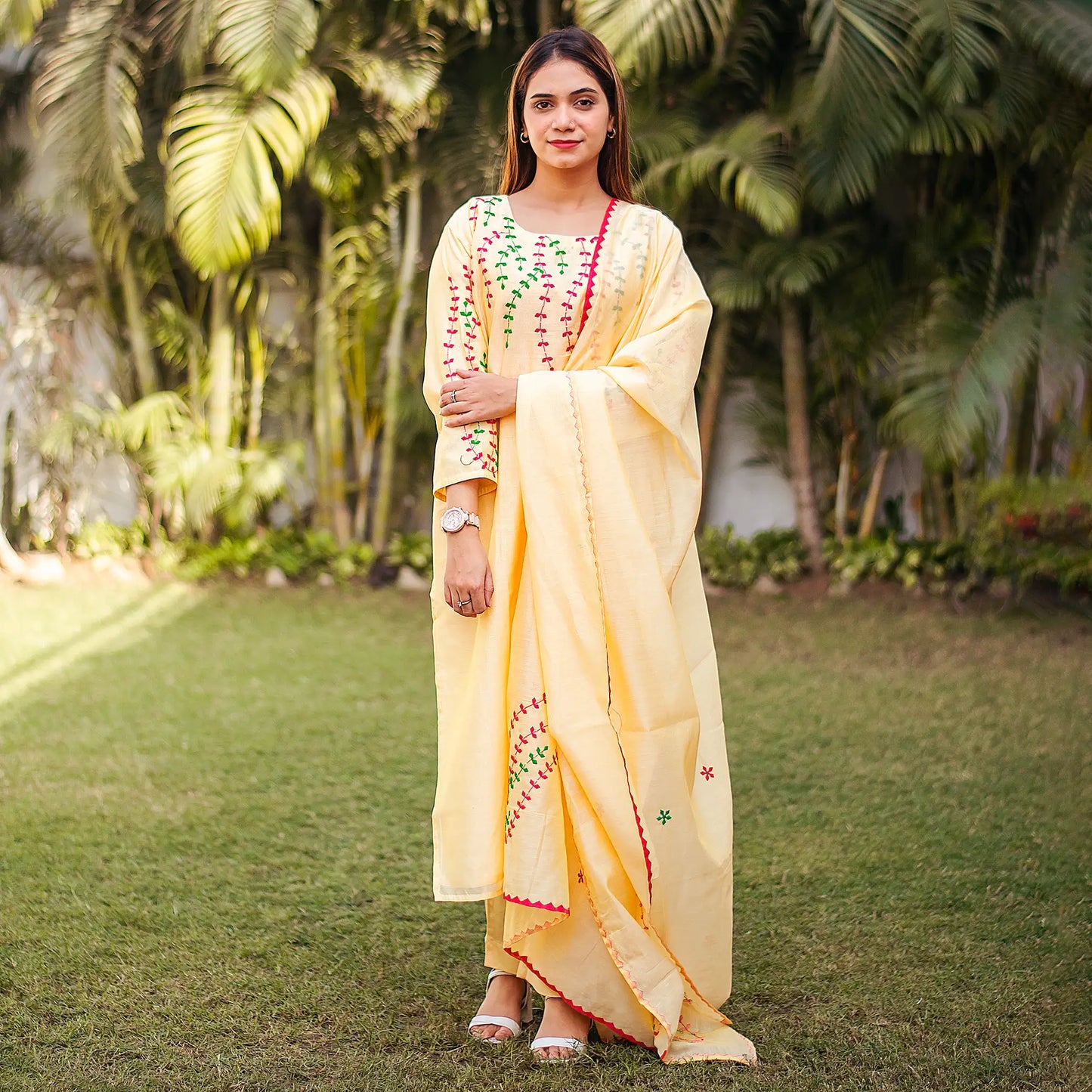 multicoloured applique work yellow chanderi kurta and dupatta with yellow trousers