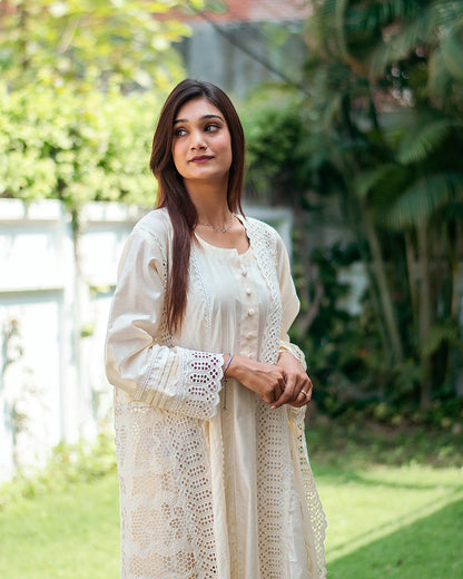 Off white cotton silk pintuck kurta, trousers and dupatta with schiffli work
