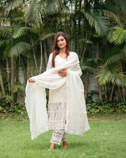 off-white cotton schiffli front-open kurti, dupatta with embroidery and off-white trousers