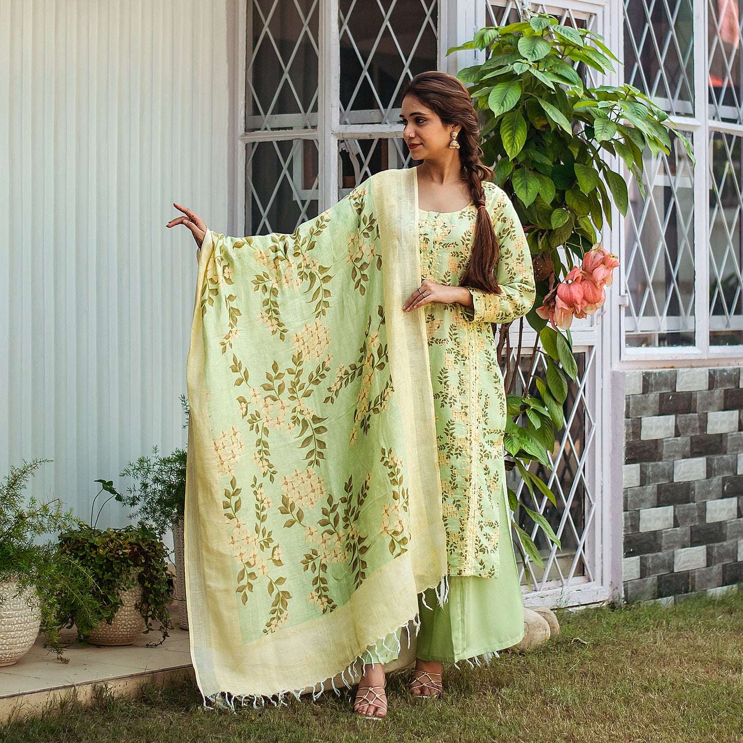 pista green printed linen kalidar applique work kurta & dupatta with green palazzo