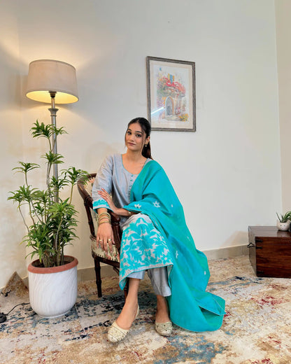 Grey Staple Tussar Patchwork Kurta Set Formal Wear with Green Dupatta