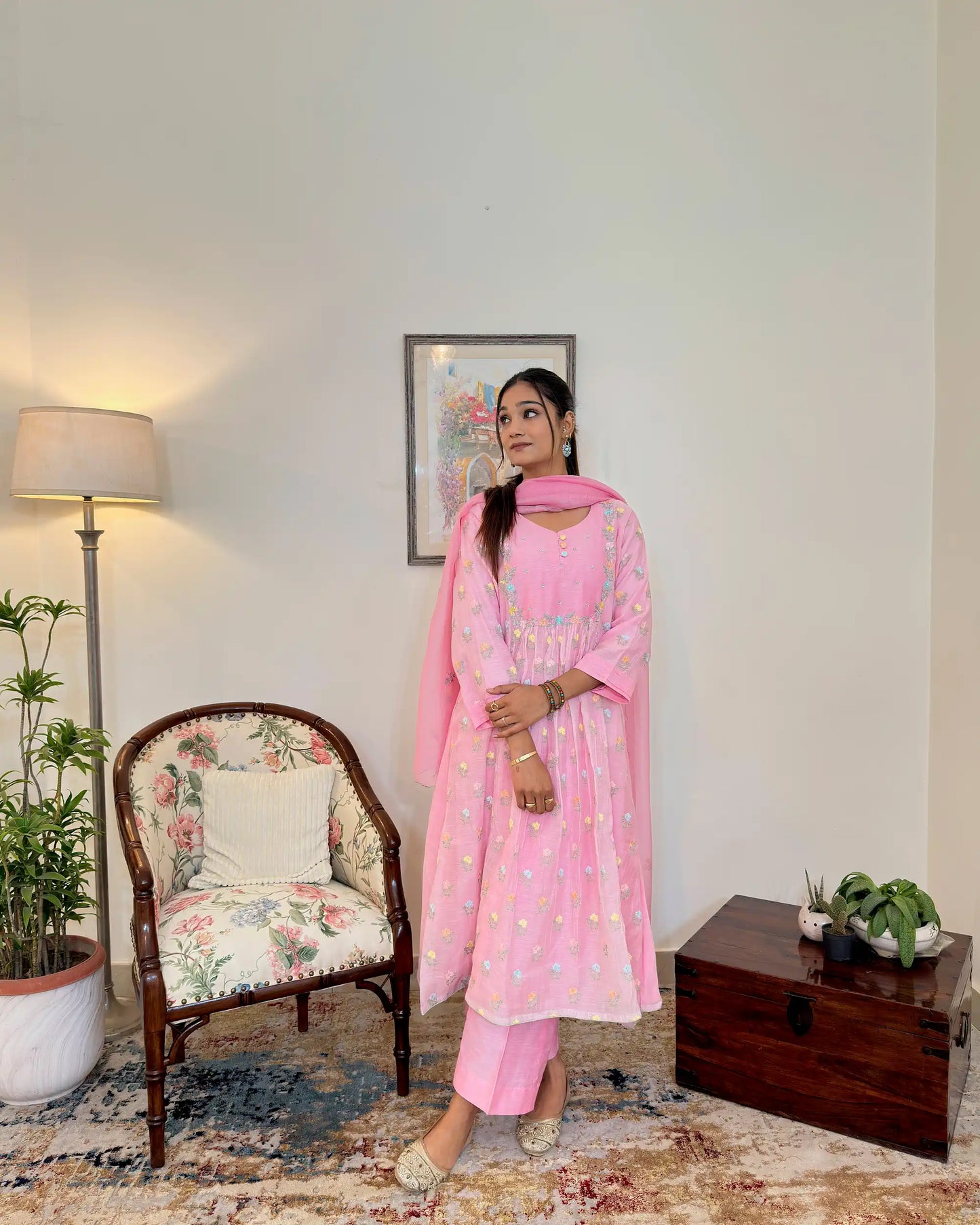 Pink Chanderi Formal Wear Kurta Set with Floral Embroidery