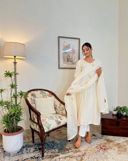 Off White Chanderi Formal wear  Kurta Set with Handworked Floral Motifs
