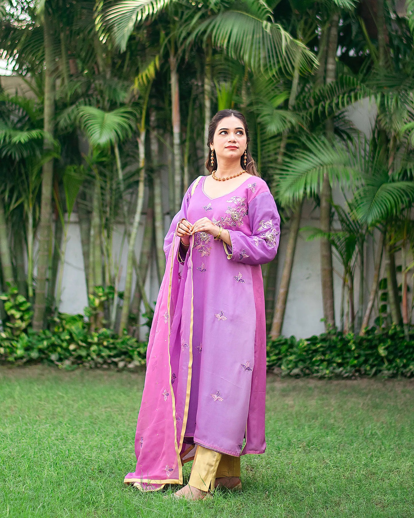 Purple ombre organza kurta, purple chiffon dupatta & golden trousers with zardozi work