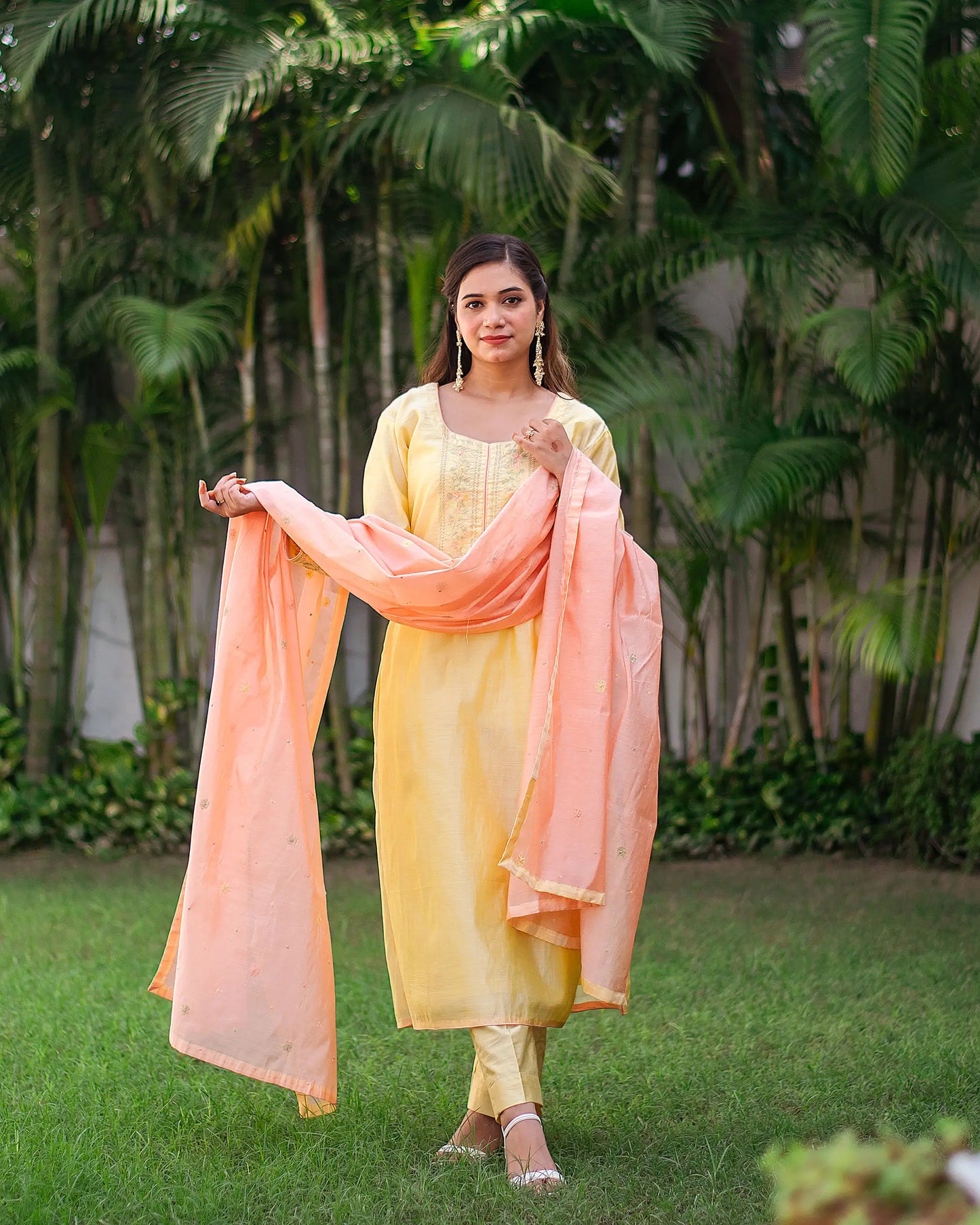 Yellow-peach chanderi kurta set with hand embroidery