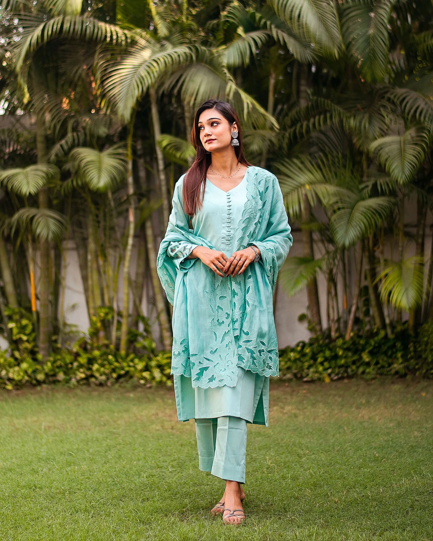 Pastel blue russian silk kurta & trousers, blue chanderi dupatta with cutwork