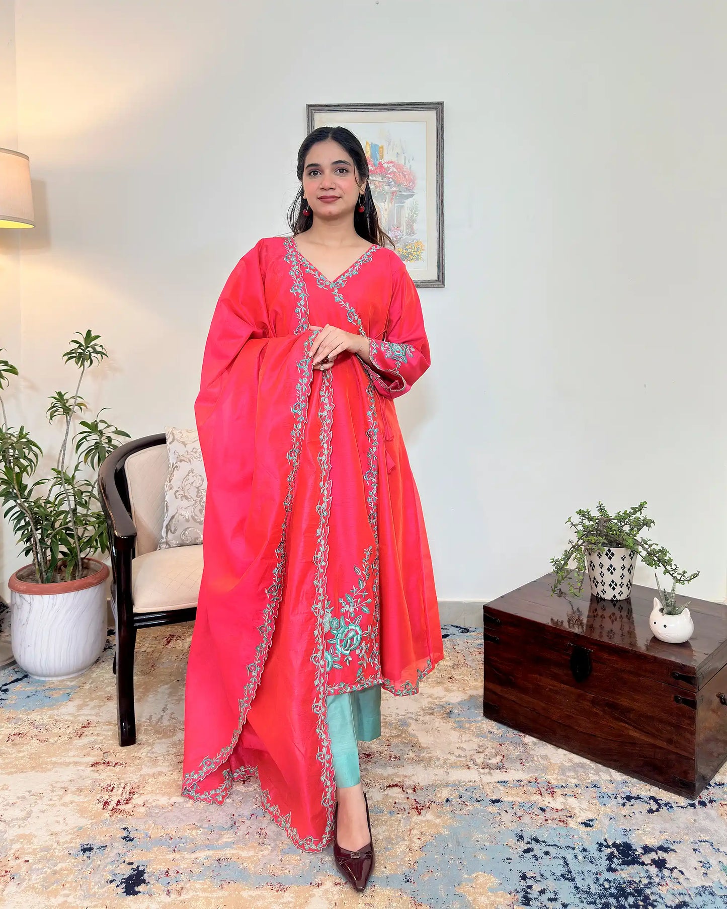 Red Chanderi Formal Wear Kurta Set with Resham Embroidery
