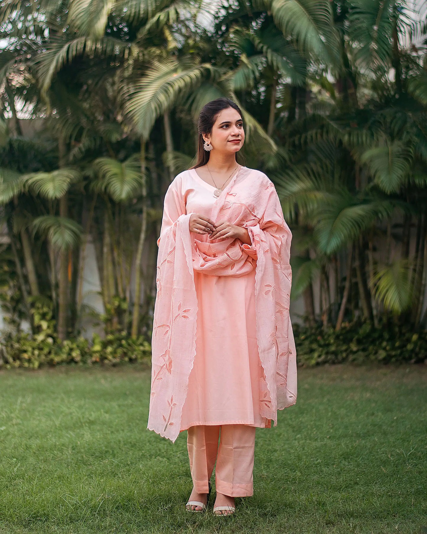 Pastel peach russian silk kurta & trousers, peach chanderi dupatta with cutwork