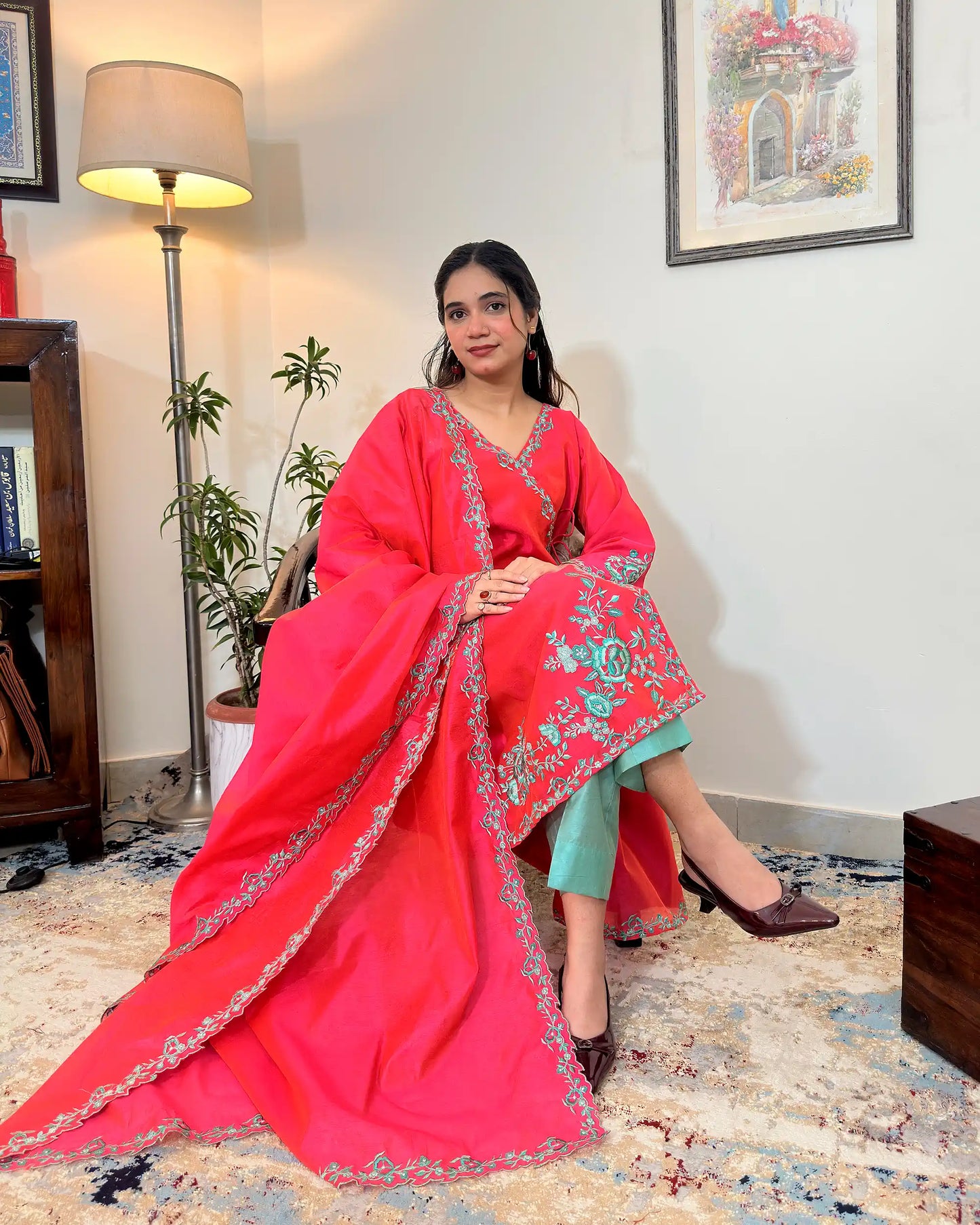 Red Chanderi Formal Wear Kurta Set with Resham Embroidery