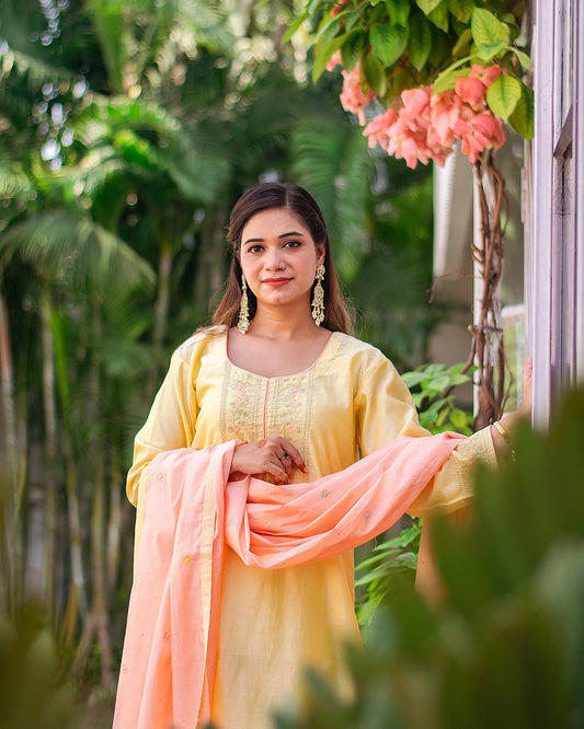 Yellow-peach chanderi kurta set with hand embroidery