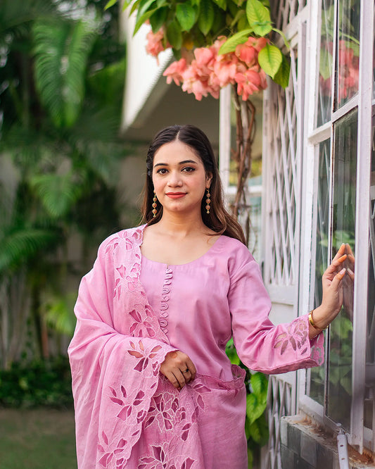 Purple russian silk kurta set with cutwork