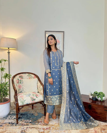 Grey Banarasi Silk Party Wear Kurta Set with applique work