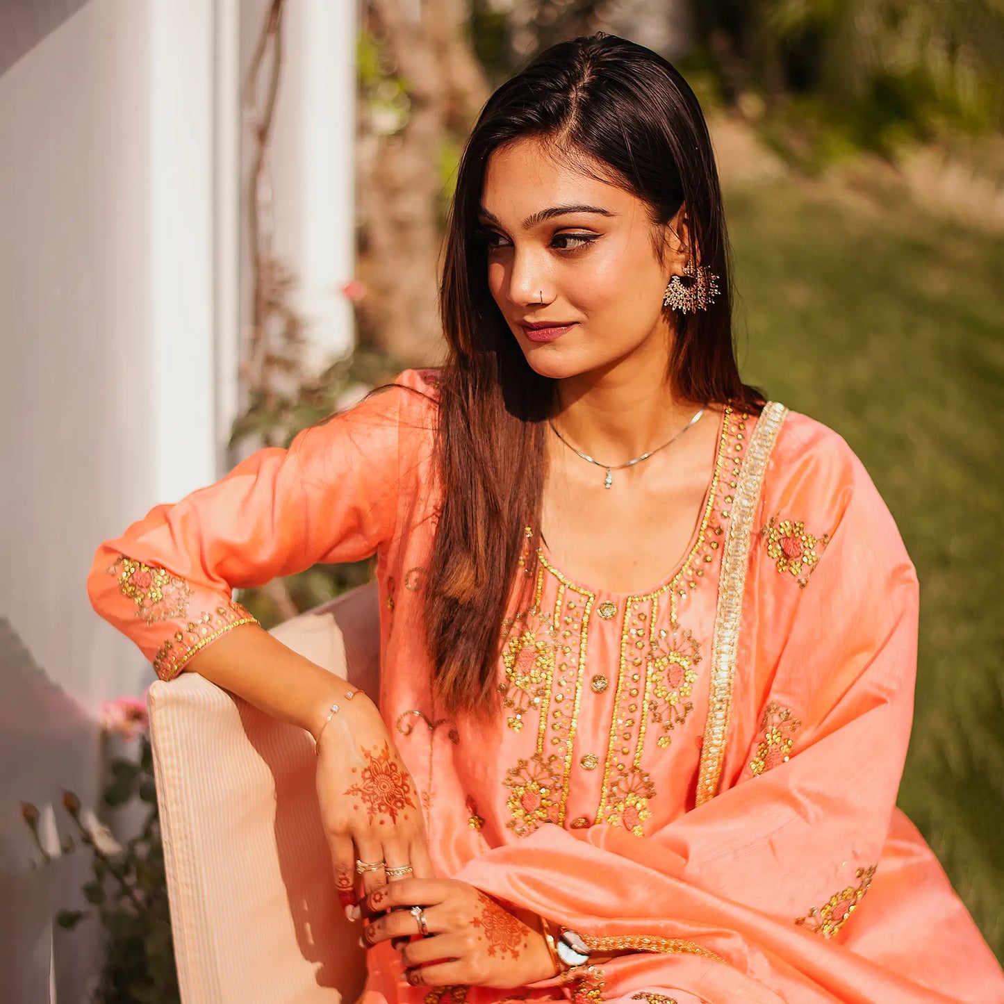 Peach chanderi zardozi work kurta and dupatta with peach palazzo