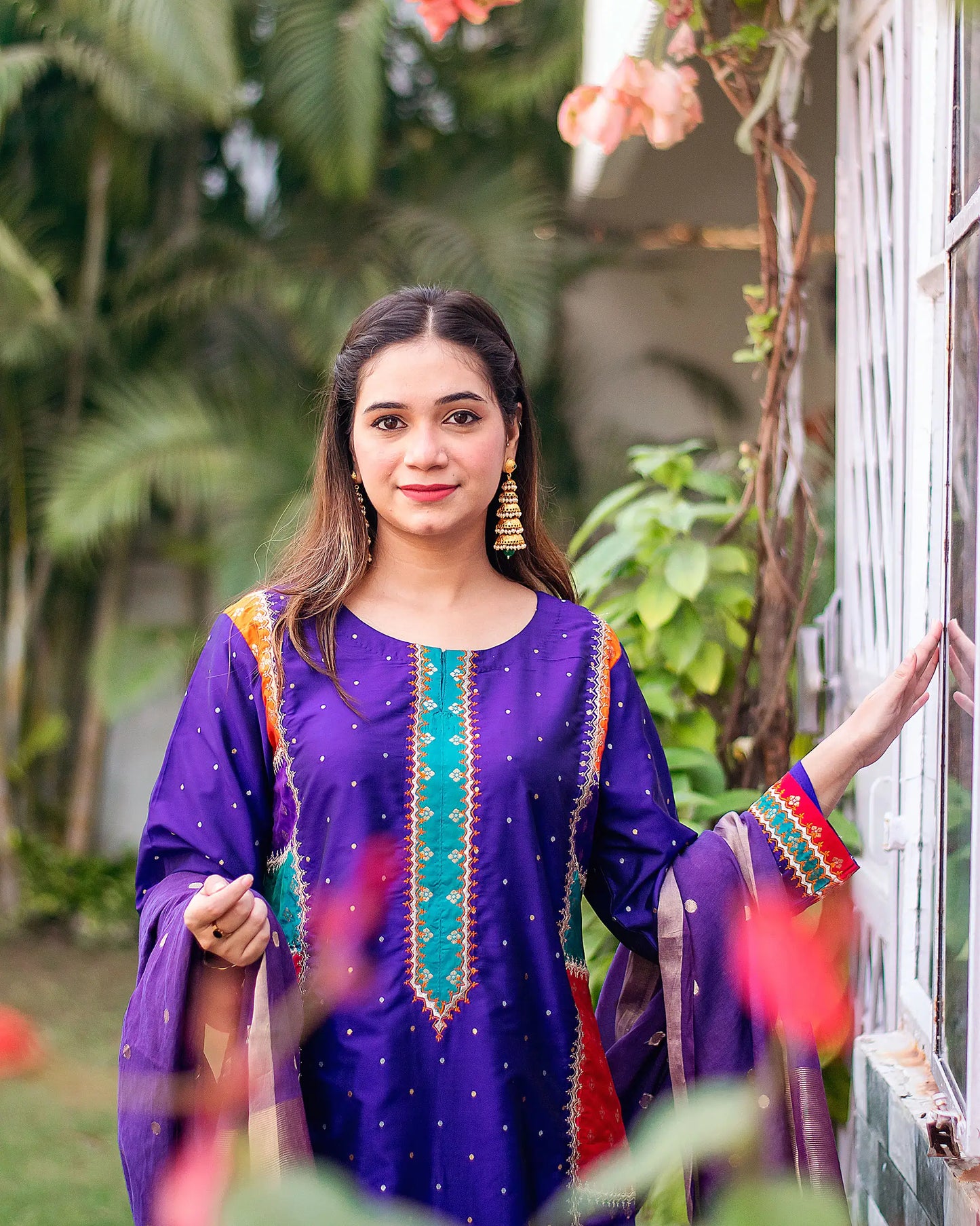 Purple silk kurta and trousers, purple chanderi dupatta with zari work