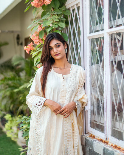 Off white cotton silk pintuck kurta, trousers and dupatta with schiffli work